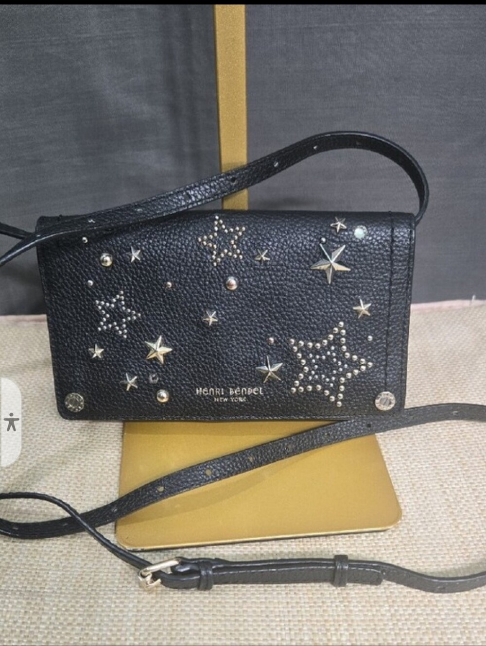 henri bendel Black Star-Studded Pebbled Leather Crossbody Wallet